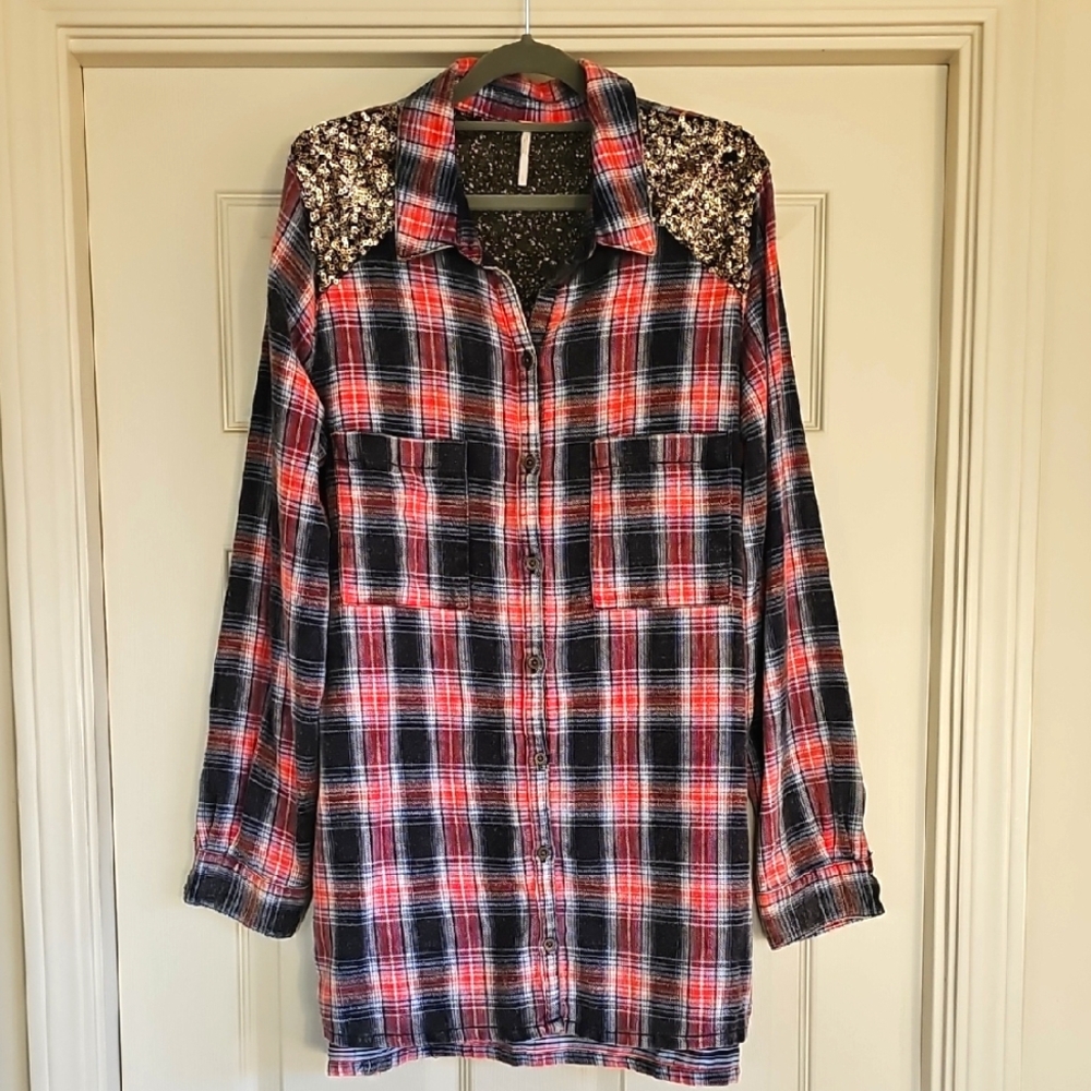 Free People Sequin Western Flannel Top